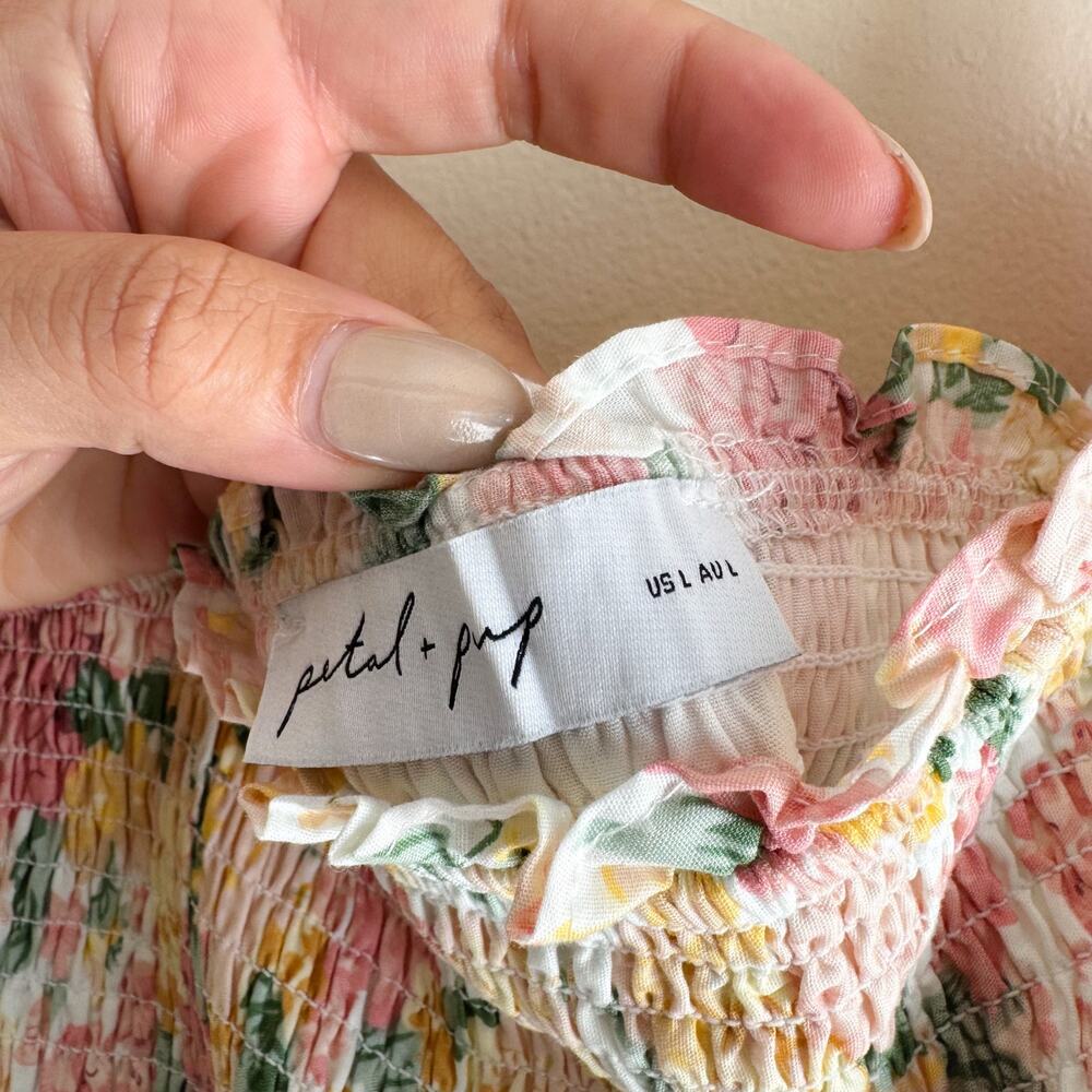 Petal and Pup Pink + Cream Floral Print Shoulder Tie Tiered Midi Dress Large - Picture 3 of 9